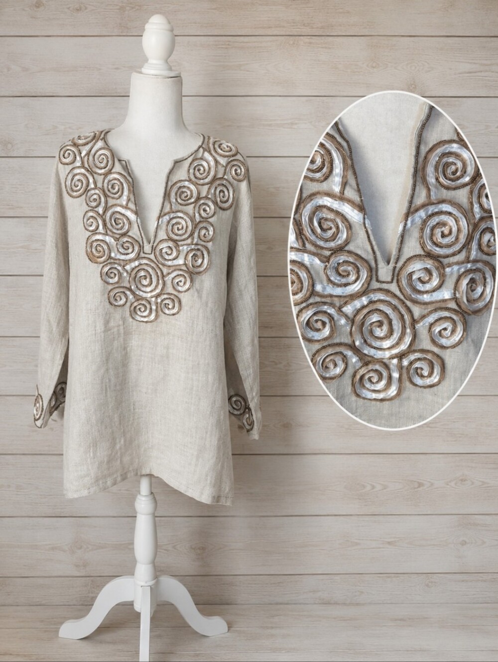 Linen Tunic Oatmeal/Pink Neutral Cool Quiet Luxury 3D Swirl Embroidery Sz L